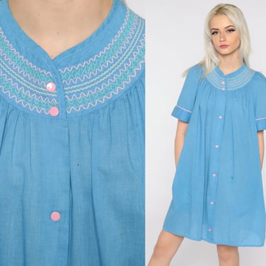 70s Lounge Dress Mini Blue Puff Sleeve Loungewear Pajama Boho Hippie 80s Nightie Bohemian 1970s Button Up Vintage Large 