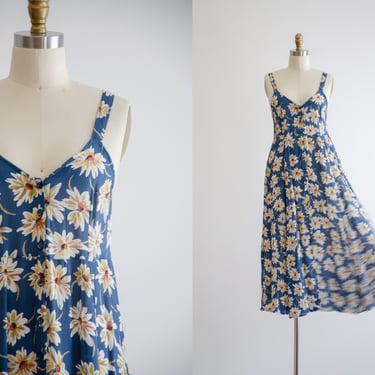 blue slip dress | 90s y2k blue yellow sunflower daisy floral spaghetti strap maxi dress 