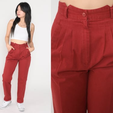 Red Trousers 80s Pleated Pants High Waisted Rise Tapered Leg Retro Preppy Slacks Plain Mom Burgundy Oxblood Vintage 1980s Extra Small xs 26 