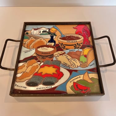 RARE Vintage Custom Mexican Food Tile Tray, Southwest Folk Art, Enchiladas Tacos Tamales Guacamole, Decorative Kitchen Piece, Made in Italy 