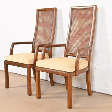 Henredon Mid-Century Modern Oak and Cane High Back Dining Arm Chairs, Pair