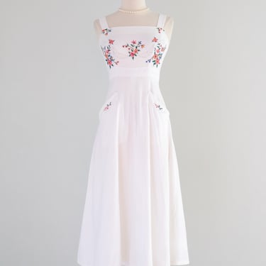 Vintage 1970's Ivory Cotton Cross-Stitch Floral Embroidered Sundress / Small