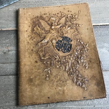 French Leather Book Blotter, Cherub Design, Tooled, Embossed, Monogrammed 