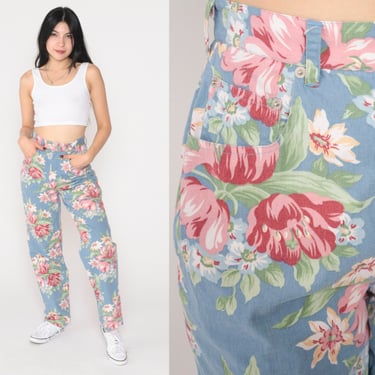 Blue Floral Pants 90s High Waisted Pants Pink Green Flower Print Straight Tapered Leg Boho Hippie Trousers Vintage 1990s Extra Small xs 26 