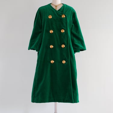 Elegant 1960's Emerald Green Statement Velvet Coat With Big Brass Buttons / M