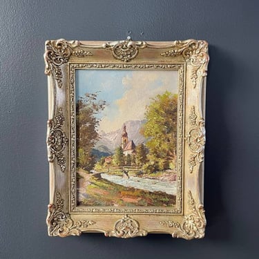 Antique Landscape Mountain Nature Church Painting by Josef Schwarzfischer 