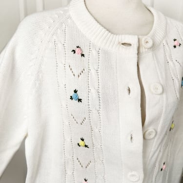60's White Sweet Vintage Cardigan Sweater Embroidered Flowers 1960's, 1970's Med Large 