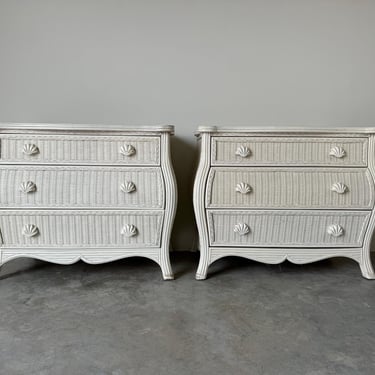 Vintage Coastal Palm Beach Woven Wicker Rattan  Three- Drawers Shell Pulls   Nightstands -  A Pair 