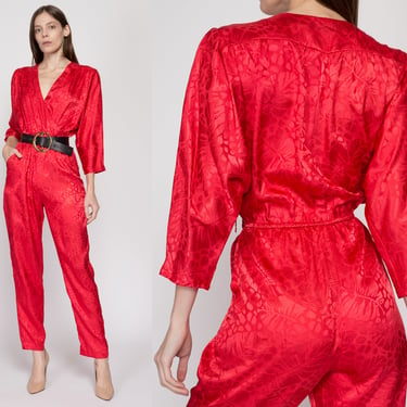 XS 80s Red Leaf Print Wrap Jumpsuit | Vintage All That Jazz V Neck 3/4 Sleeve Retro Pantsuit 