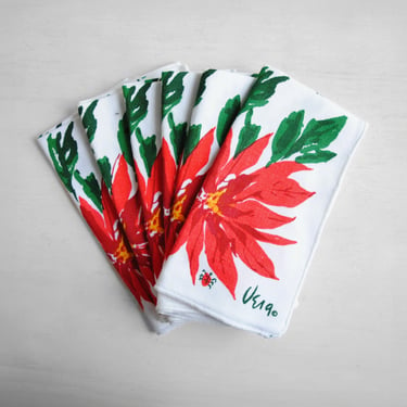 Vintage Poinsettia Red and Green Holiday Napkins by Vera Neumann, Set of 6 Cotton Dinner Napkins 