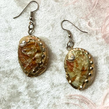 Vintage Earrings | Abalone Sea Shell Gold Gilded Dangle Drop Seashell Earrings for Pierced Ears 