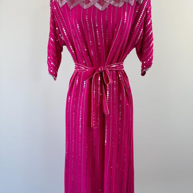 1980s Neiman Marcus Pink Silk Beaded Dress 