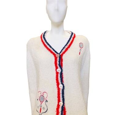 1960's Haymaker Ivory Tennis Themed Embroidered Cardigan