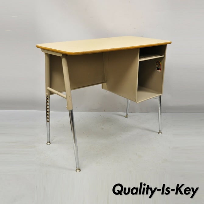 Vintage Adjustable Height Metal School Writing Desk With Laminate Top