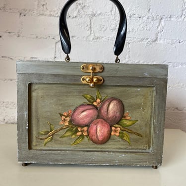 vintage 1960s novelty box purse plum 3-D fruit painted gray top handle handbag 