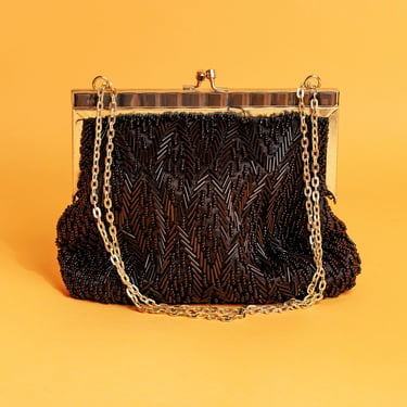 60s Black Beaded Gold Hardware Purse Vintage Night Gold Chain Clutch 