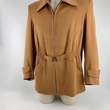 1940's Gabardine Jacket - Belted Front Panels - Rayon Gabardine - Shoulder Pads - Iridescent Satin Lined - Low Slash Pockets - Size Medium 