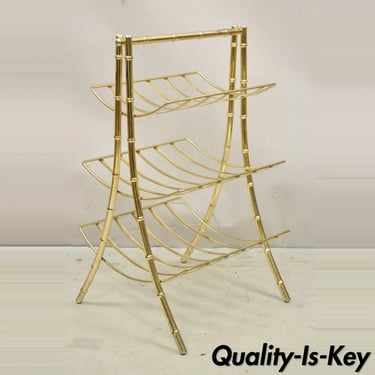 Vintage Gold Metal Faux Bamboo 3 Tier Hollywood Regency Magazine Rack Stand