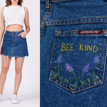 80s Jordache "Bee Kind" Denim Mini Skirt - Medium, 28" | Vintage High Waisted Cut-Off Painted Jean Skirt 