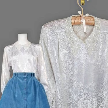 Vintage White Lace Collar Blouse, Small / Silky Jacquard Dress Blouse / Romantic White Button Blouse / Feminine Long Sleeve Dress Blouse 