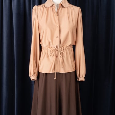 Vintage 1970s Ship 'N Shore Matching Shiny Brown Qiana Nylon Open-Front Jacket and A-Line Shirt 