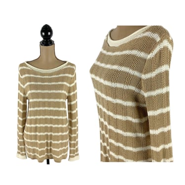 Y2K Tan Striped Sweater Large, Long Sleeve Pointelle Knit Top, Boat Neck Casual Fall Cotton Blend 2000s Clothes Women Vintage JONES NEW YORK 