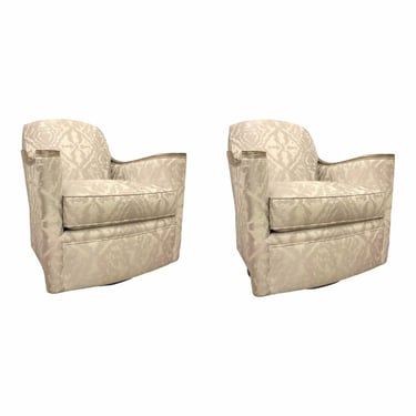 Caracole Modern White and Silver Abstract Around We Go Swivel Chairs - a Pair