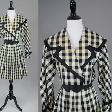 80s 90s Party Dress - Metallic Gold Black Cream Check - Leslie Fay for Lord & Taylor - Vintage 1980s 1990s - S 