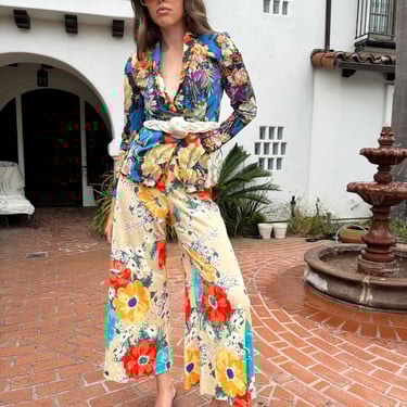 60s 70s Skinky Wide Leg Bell Bottom Flares Pants High Waist Bold Floral Print 