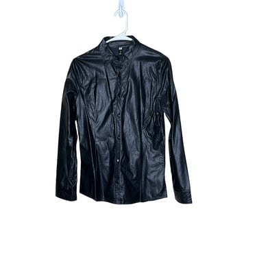 Vintage 90's Black Faux Leather Pleather Vinyl Button Up Shirt Blouse, 38" 