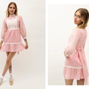 Vintage 1970s 70s Baby Pink Flocked Swiss Dot Lace Full Sleeve Ruffled Mini Dress w/ Waist Ties Babydoll Princess Dress 