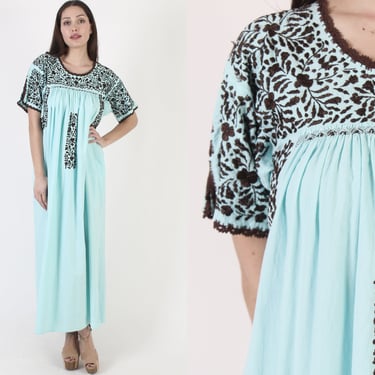 Mexican Hand Embroidered Oaxacan Dress, Plus Size Floral Mint Caftan Festival Maxi With Pockets, Extra Large 