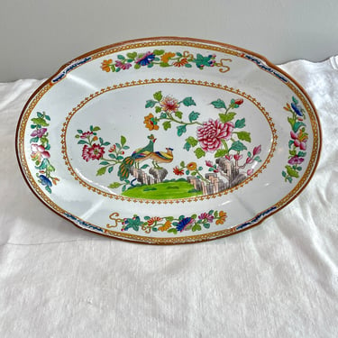 Antique Spode, Stone China, Oval Serving Dish, Birds Peacock Pheasant, Peony Flower, 2118, Chinoiserie, Polychrome Hand Painted Transferware 