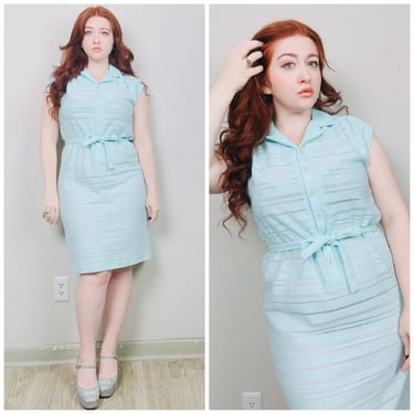 1970s Vintage Mint Green Striped Poly Knit Wiggle Dress / 70s Pastel Cap Sleeve Belted Semi Sheer Dress / XL 
