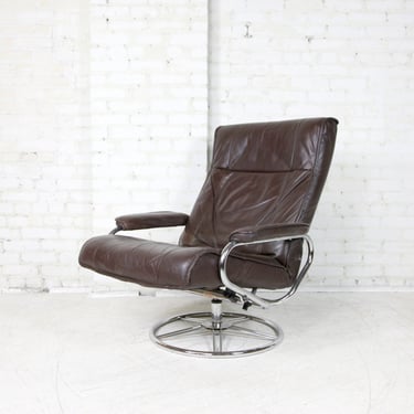 Vintage MCM 70's Kebe Danish brown leather swivel recliner lounge chair | Free delivery only in NYC and Hudson Valley areas 