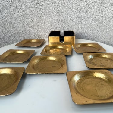 Vintage Brutalist Hollywood Regency Coaster Set 8 Black & Gold Amthor Imports 