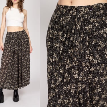 Med-Lrg 90s Black Floral Boho Grunge Maxi Skirt 30" | Vintage Sheer High Waisted Pleated A Line Flowy Wrap Skirt 