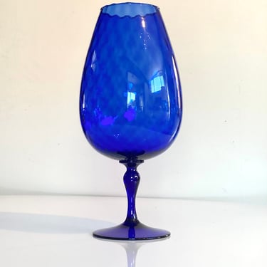 Large Vintage Empoli goblet in handblown cobalt blue optic glass 
