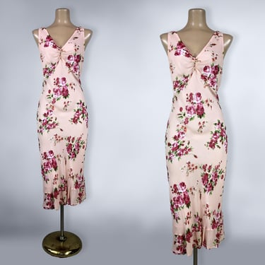 VINTAGE 90s does 30s Peach and Pink Rose Print Sheer Rayon Bias Dress Size Large | 1990s Embellished Retro 1930s Cocktail Dress | VFG 