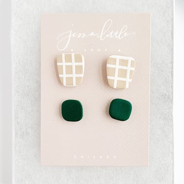 Statement Stud Pack | Latte and White Windowpane + Forest Green, Polymer Clay, Hypoallergenic Stainless Steel Posts 
