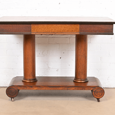 Antique American Empire Tiger Oak Writing Desk or Library Table, Circa 1900