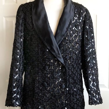 1960s Vintage FULLY Sequined Black Blazer Jacket Costume 1970's Magic Show VEGAS Medium 