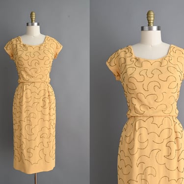 vintage 1950s dress | Designer I. Magnin Beaded Golden Rayon Crepe Cocktail Party Dress | Medium 