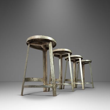 Set of Four (4) French Hammered Solid Aluminum Industrial Counter Height Bar Stools, France, c. 1950's 