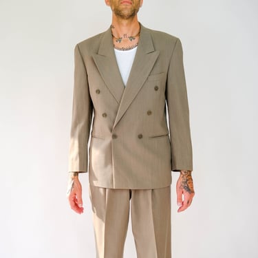 Vintage 80s Yves Saint Laurent Sage Green Wool Gabardine Double Breasted Suit | Made in France | 1980s YSL Designer Tailored Mens Suit 