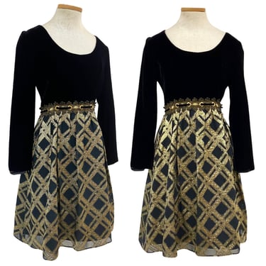 Vtg 60s Carriage House Designer Black Gold Velvet Metallic Party Mod Dress 