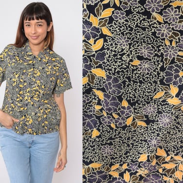 Black Floral Blouse 90s Button Up Shirt Retro Short Sleeve Top Flower Print Casual Hippie Summer 1990s Vintage Purple Yellow Small S 