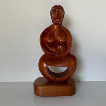 Vintage Hand-Carved Wood Sculpture of Mother and Child Embrace 