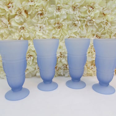 Vintage Indiana Glass Frosted Ice Blue Soda Fountain Sundae Glasses - Set of 4 - Parfait - Ice Cream 