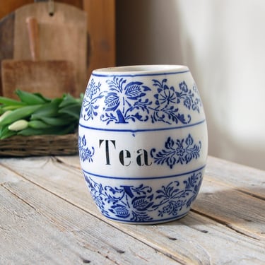 Antique Blue Onion tea canister / German tea canister /  barrel canister / rustic farm decor / cottage kitchen / floral jar / ironstone jar 
